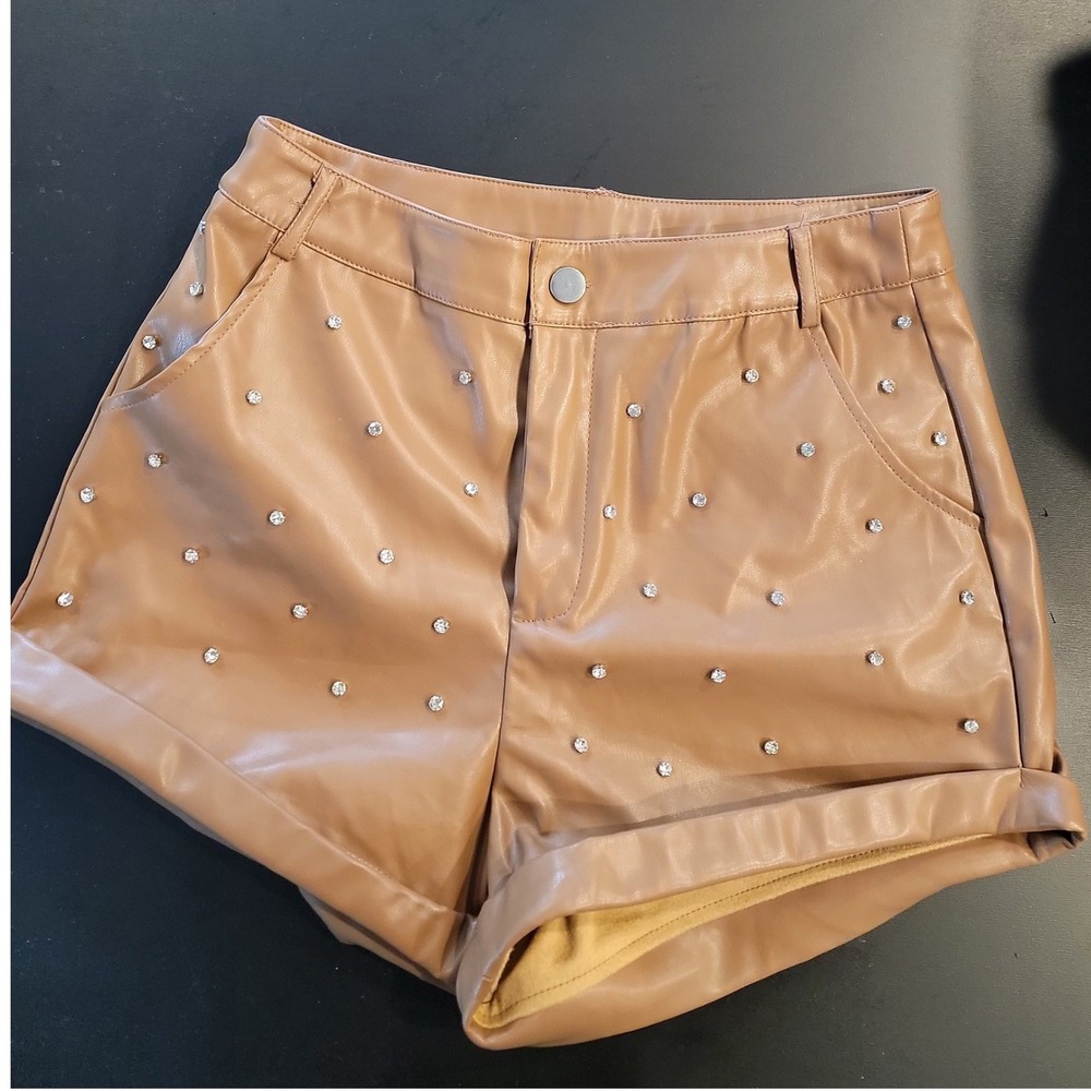 Better Be Brown Faux Leather Rhinestone Embellished Shorts Size M